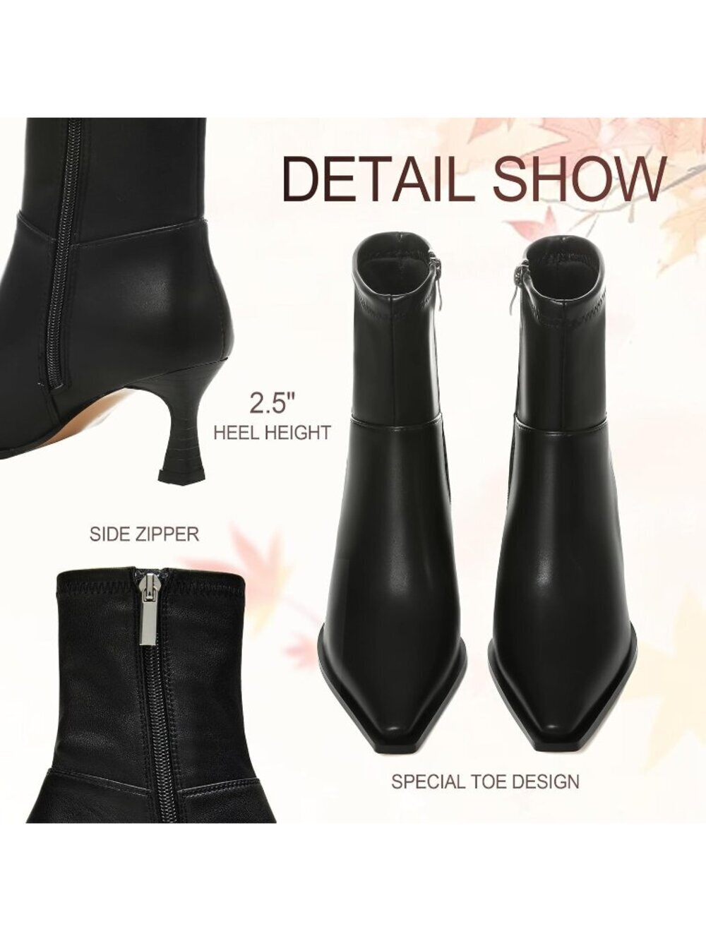 Women's Black PU Boots with Side Zip Ankle Mid Calf Pointed Toe Kitten Heel - Picture 4 of 6